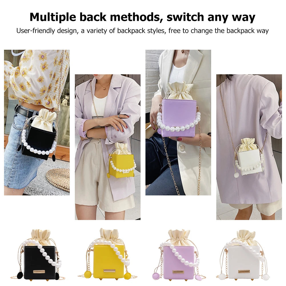 Fashion Square Box Crossbody Bags Women PU Leather Pearl Chain Mini Shoulder Purse Drawstring