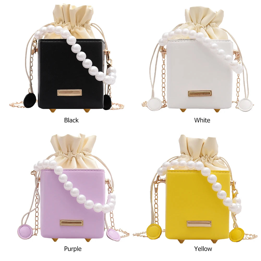 Fashion Square Box Crossbody Bags Women PU Leather Pearl Chain Mini Shoulder Purse Drawstring