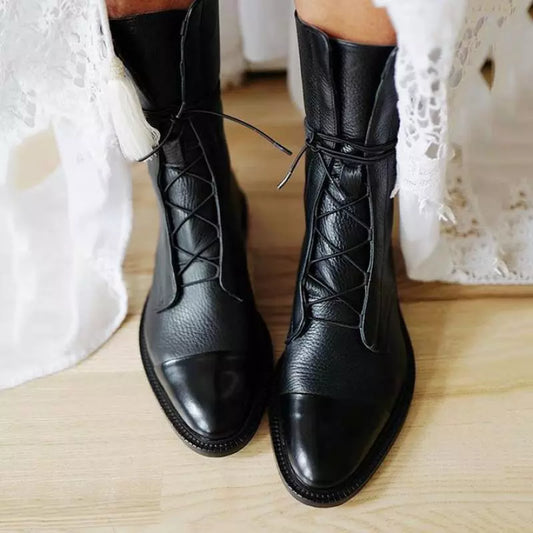 New Women Shoes Pu Leather British Style Lace-Up Flat Mid-Calf Shoes Pointed Toe Boots