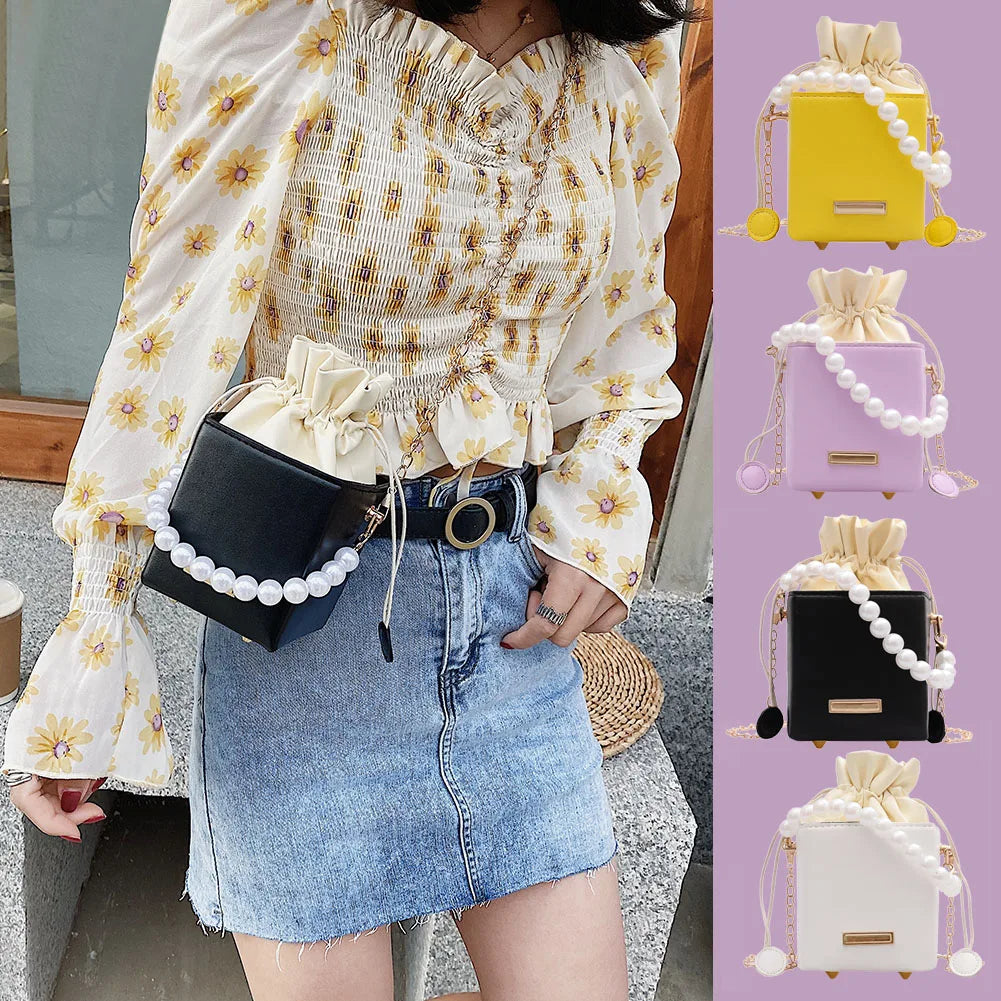 Fashion Square Box Crossbody Bags Women PU Leather Pearl Chain Mini Shoulder Purse Drawstring