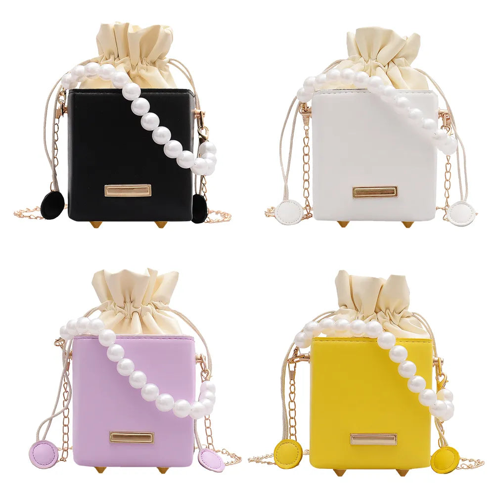 Fashion Square Box Crossbody Bags Women PU Leather Pearl Chain Mini Shoulder Purse Drawstring