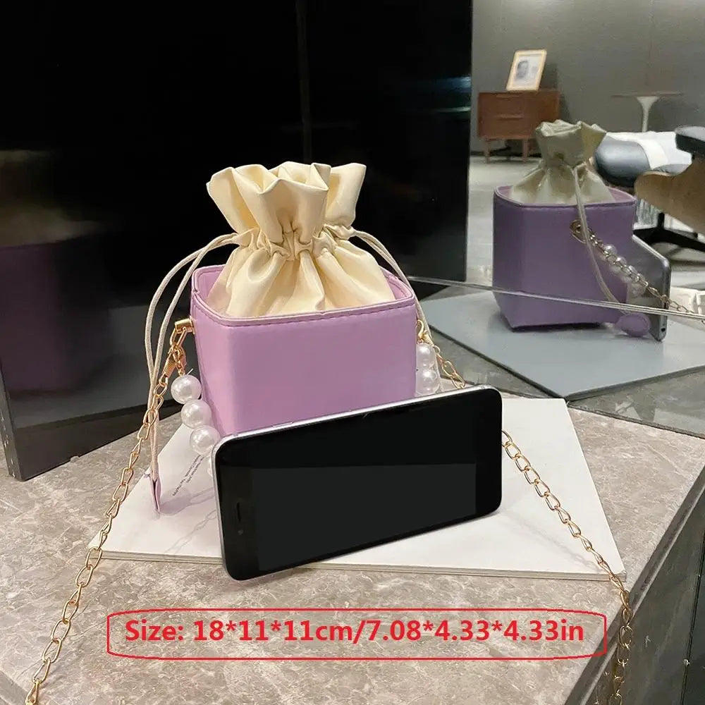 Fashion Square Box Crossbody Bags Women PU Leather Pearl Chain Mini Shoulder Purse Drawstring