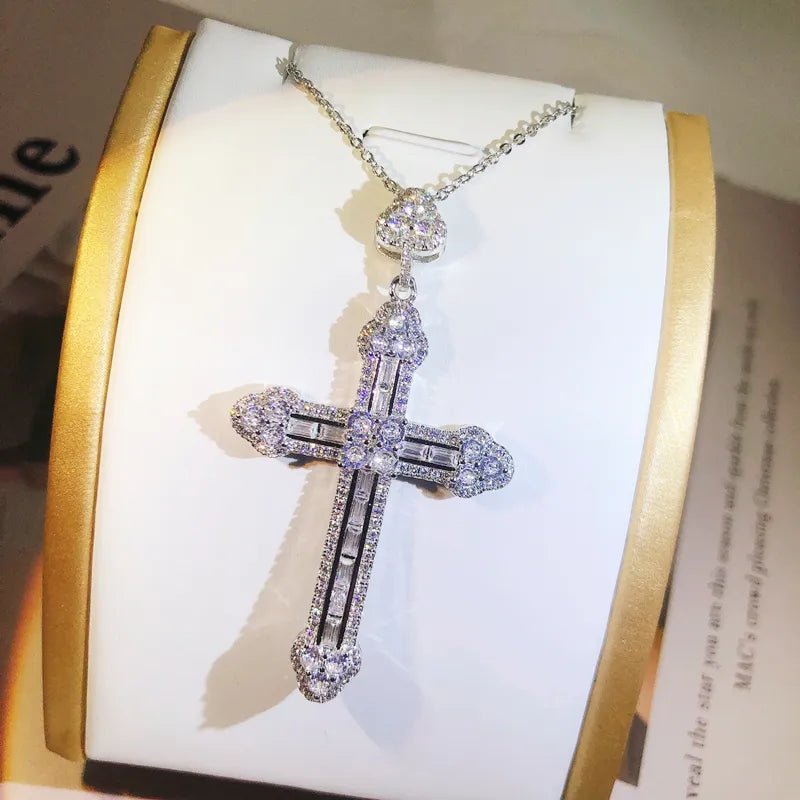 925 Sterling Silver Trendy Handmade Cross Pendants Necklaces For Women Men Zircon Inlay Charms Necklace Chain Unisex Jewelry