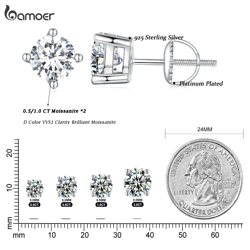 BAMOER Moissanite Earrings for Women Solid 925 Sterling Silver Heart Prong 2CTW D VVS1 Lab Diamonds