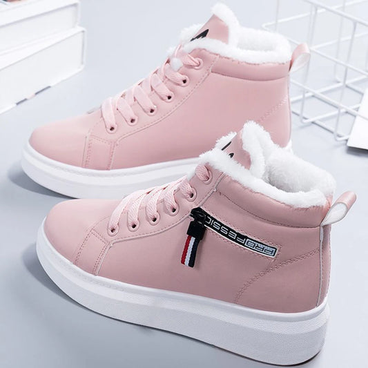 Women Lightweight Sneakers  PU Leather Short Snow  Casual Plush Ankle Boots Waterproof