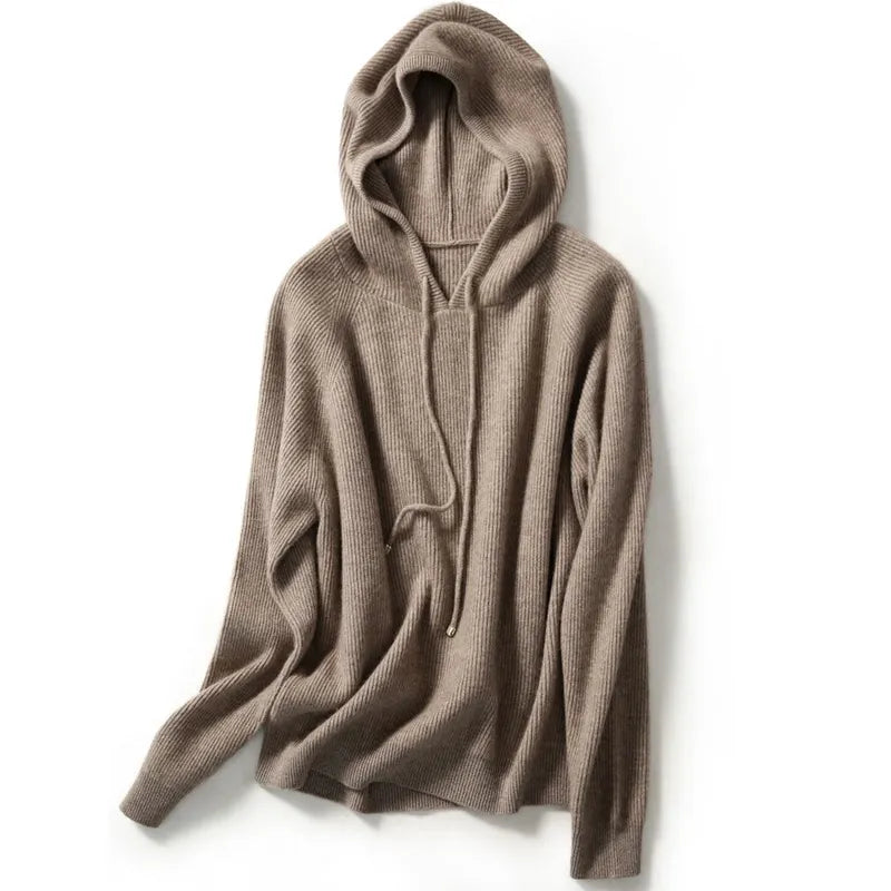 autumn winter hooded cashmere sweater female pullover loose 100% pure wool hoodie