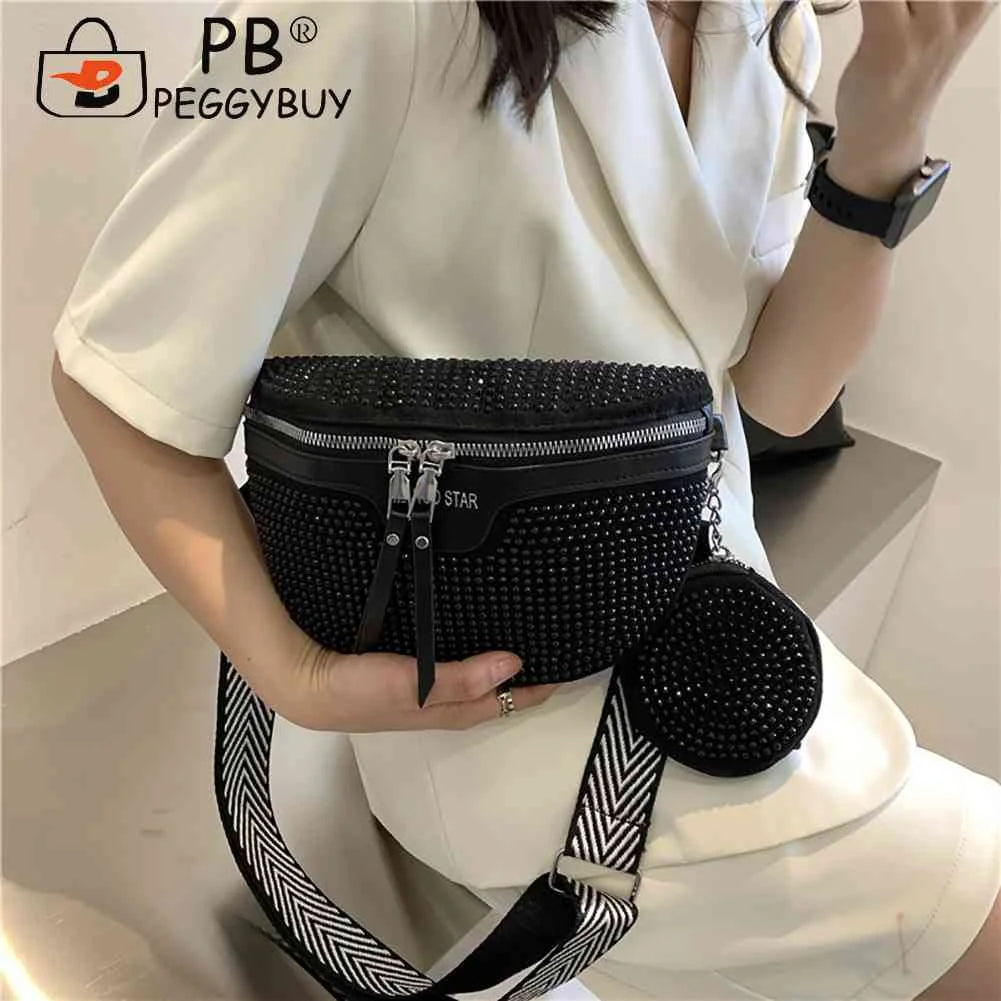 Fashion Rhinestone Waist Belt Women Chest Pack Messenger Shoulder Crossbody Bag PU Leather Bling