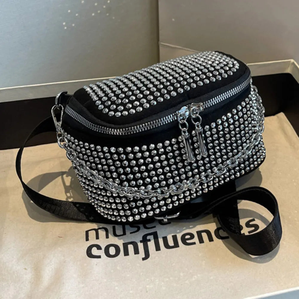 Rhinestone Diamond Chain Crossbody Bags for Women Shoulder Bags Bling Bucket Chest Bag Street