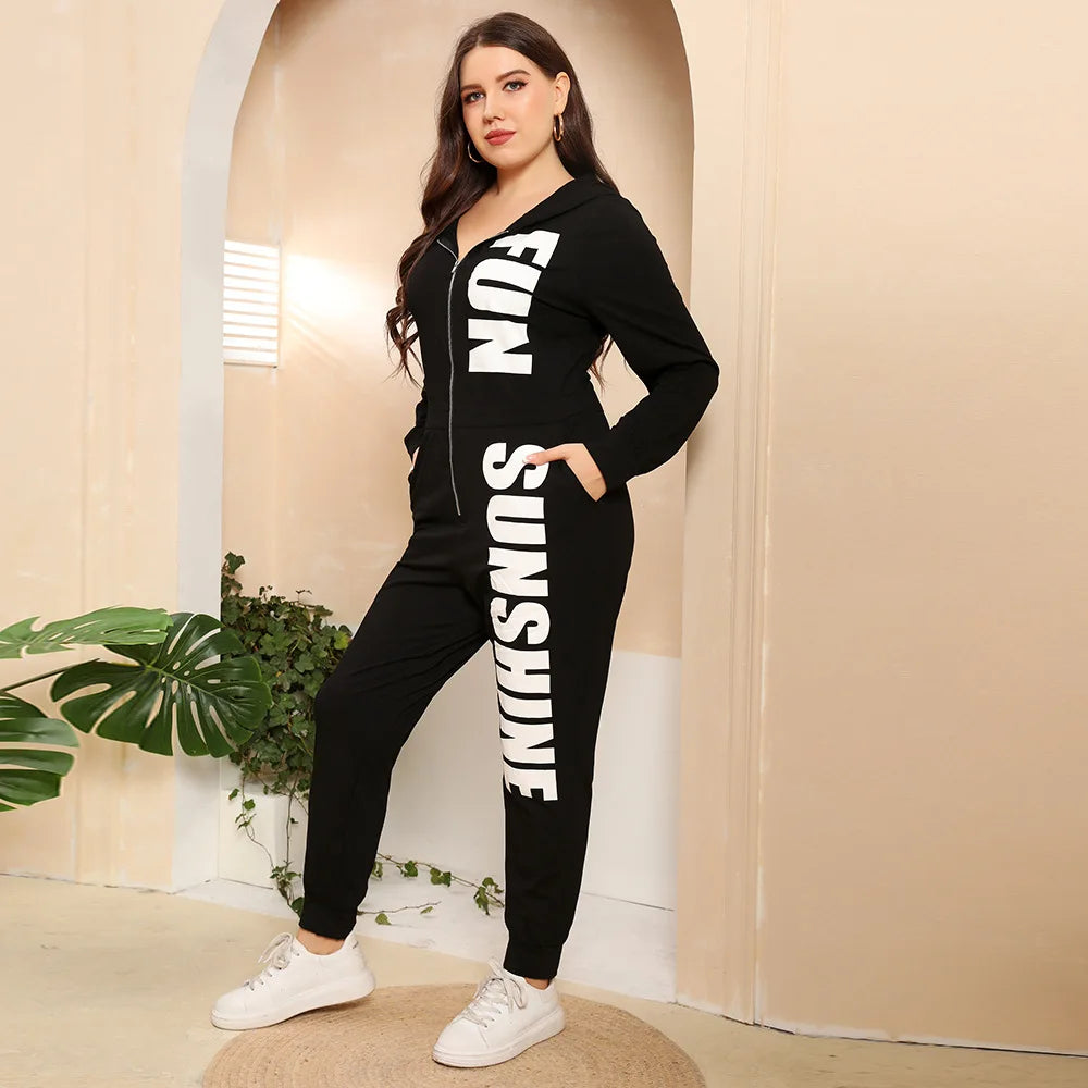 Women Plus Size Jumpsuits Letter Print Zip Up Sporty Jumpsuit