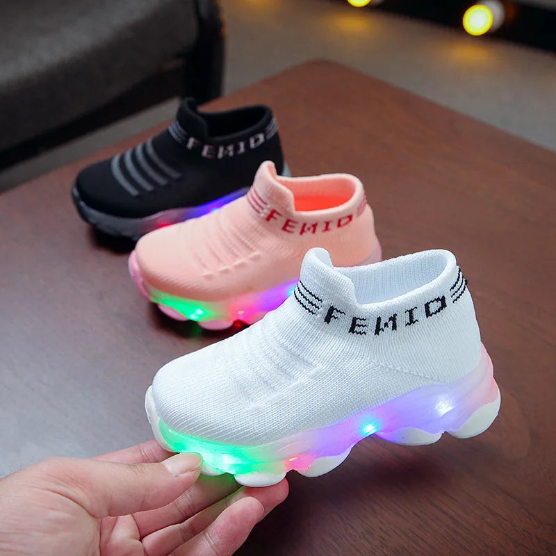 Kid Sneakers Child Baby Girl Boy Letter Mesh Led Luminous Socks Sport Run Sneakers . Light Up Shoe