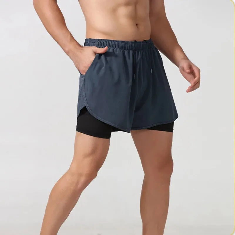 Men's Running Shorts Quick-drying Fitness Black Double Layer Shorts