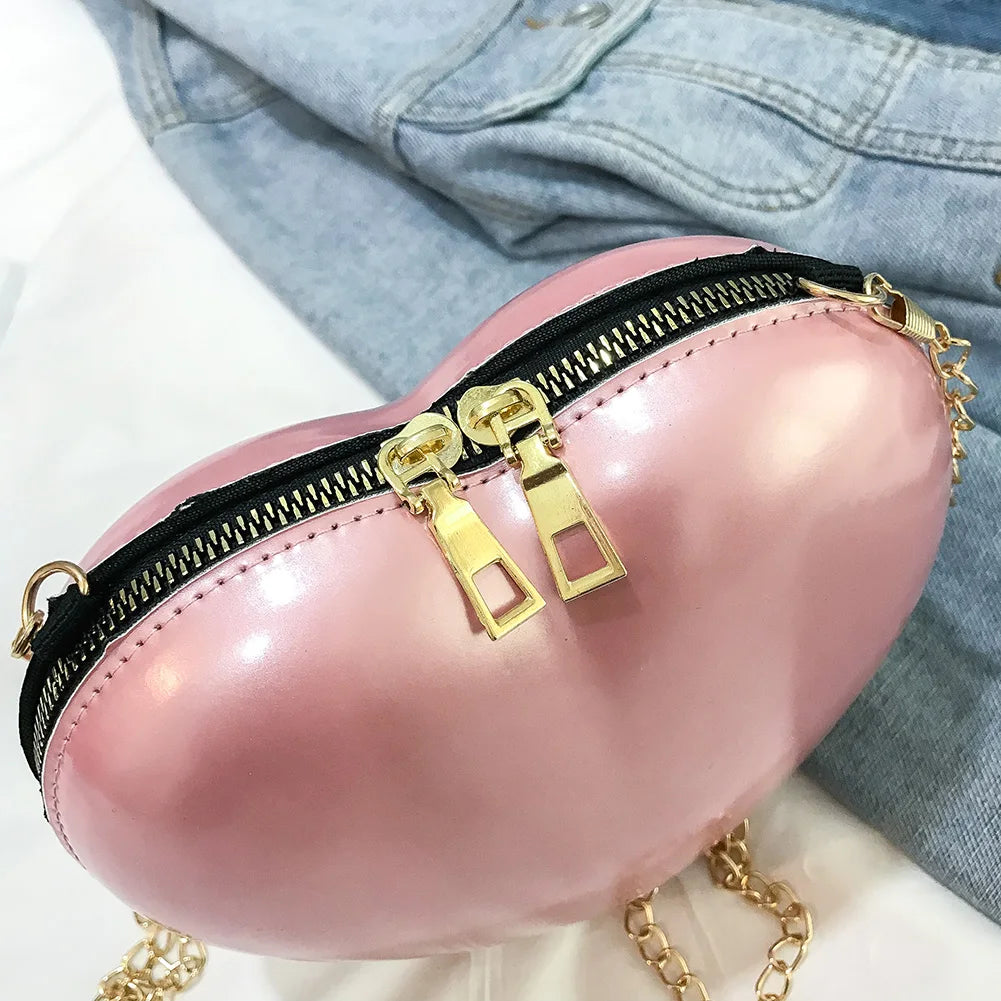 Heart Women Shoulder Solid PVC Messenger Chain Zipper Satchel  Ladies Small Simple Crossbody Handbags