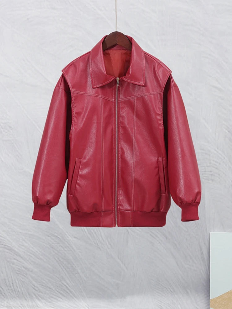 Chic Contrast Stitching Red Jacket Fashion Lapel Long Sleeve Zippered Leather Coat