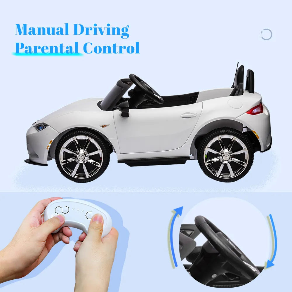 12V Kids Ride on Car Mazda Licence Power Wheels Battery Car Toys with Remote Control Bluetooth Music 2 Lockable Doors LED Lights