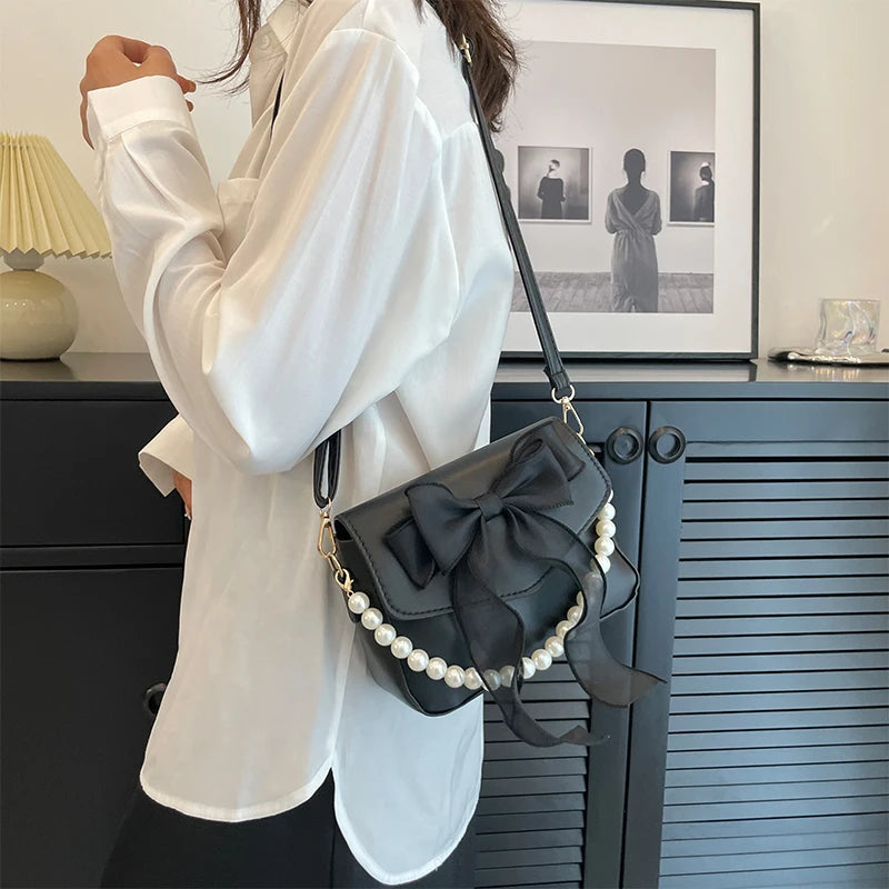 Women Hobo Butterfly Pearl Chain Shoulder PU Leather Satchel Crossbody  Evening Bag