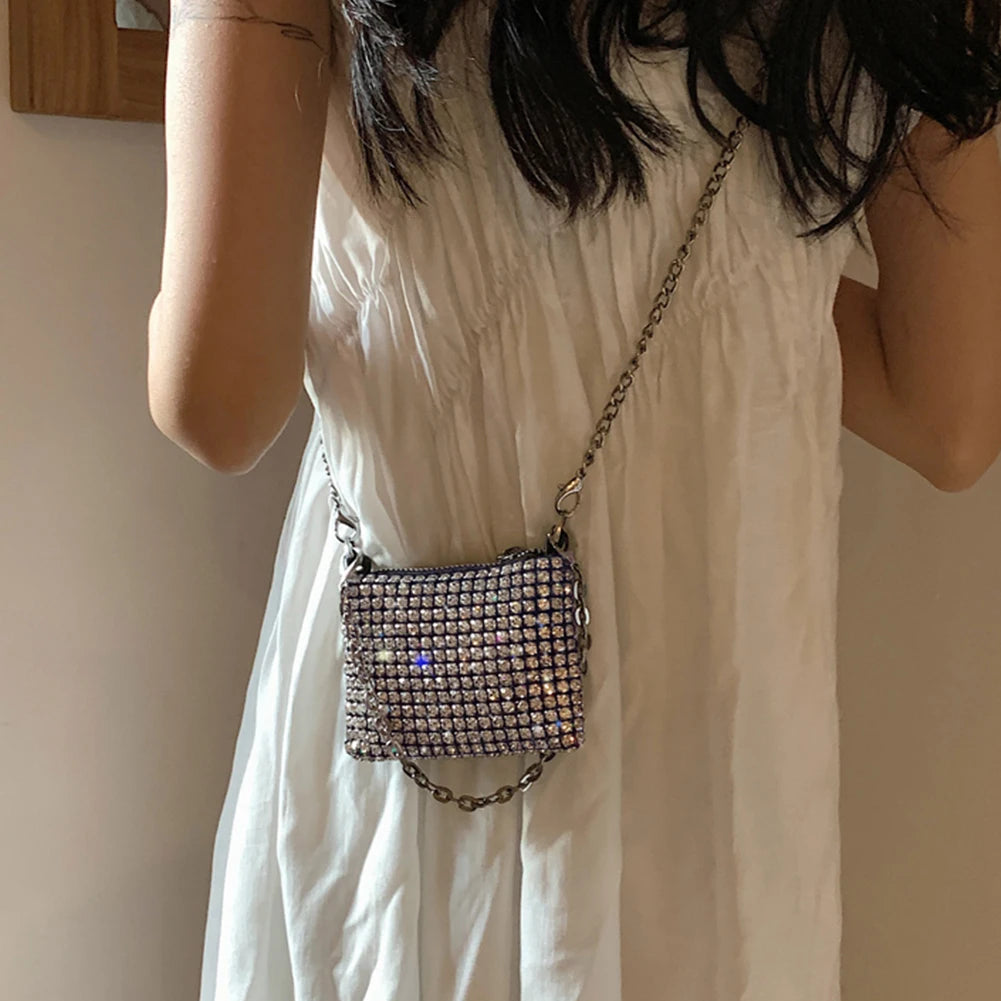 Mini Messenger Bag for Women Fashion Rhinestone Crossbody Bag Casual Solid Color Coin Purse Zipper Metal Chain Top-handle Bags