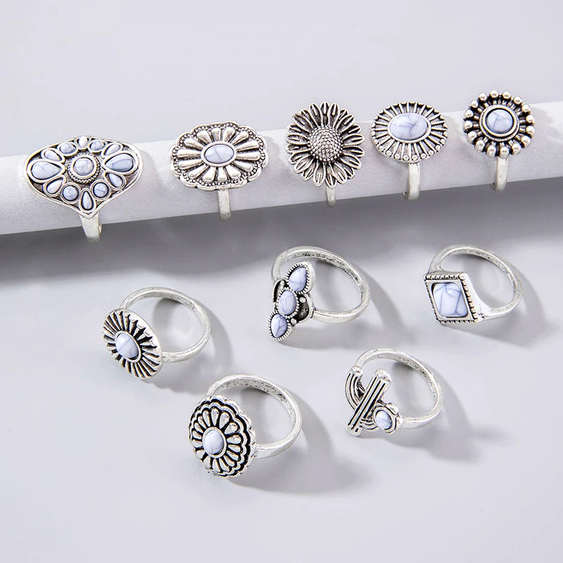 Stone Flowers Joint Ring Sets for Women Men Charms Cactus Carve Geometry Jewelry 10pcs/sets Anillo