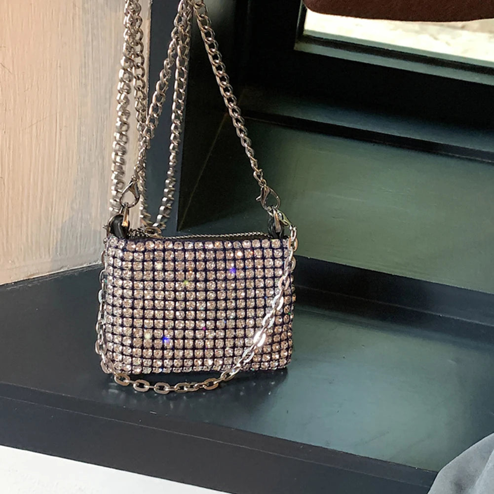 Mini Messenger Bag for Women Fashion Rhinestone Crossbody Bag Casual Solid Color Coin Purse Zipper Metal Chain Top-handle Bags