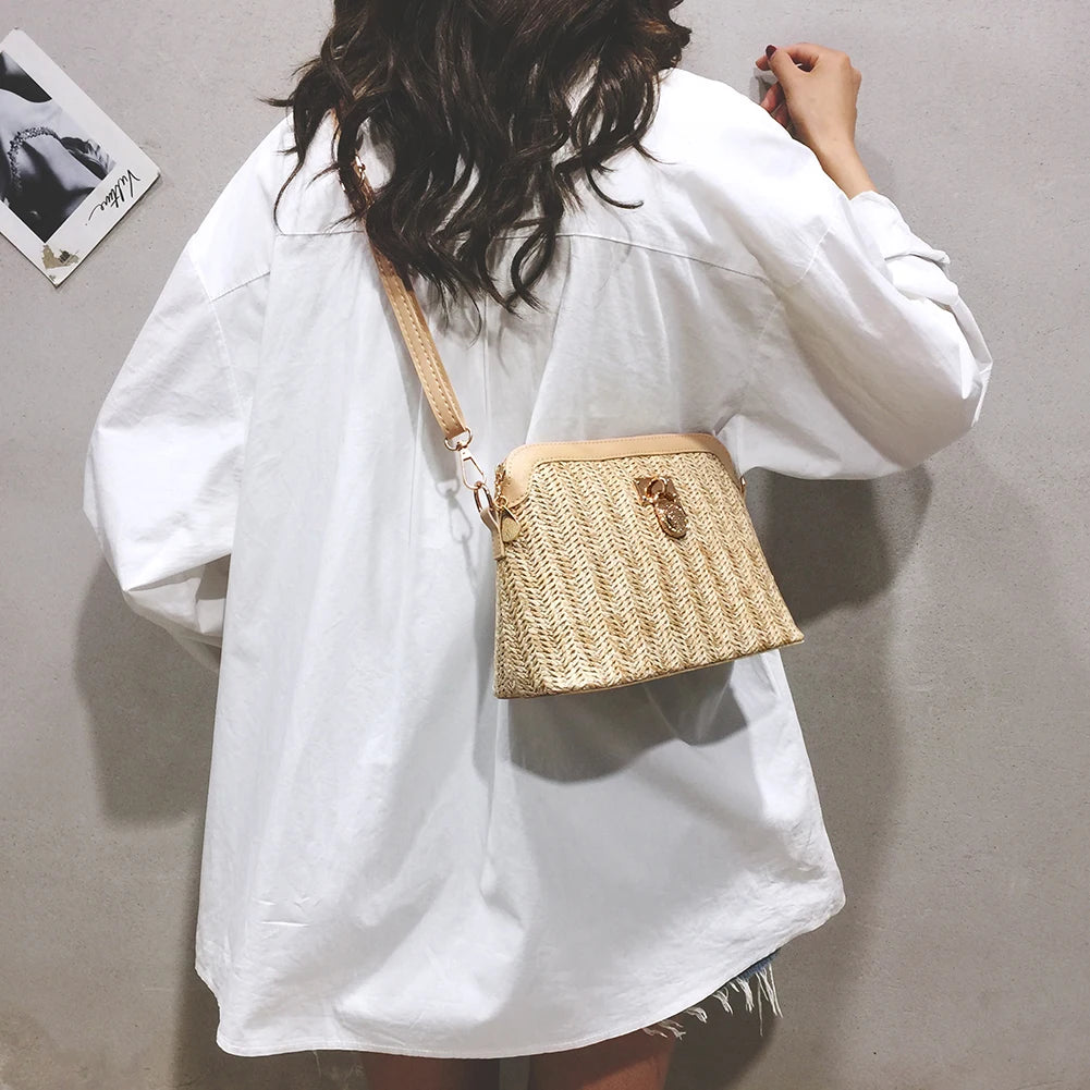 Straw Women Shoulder Bag Boho Woven Leather Shell Crossbody Messenger