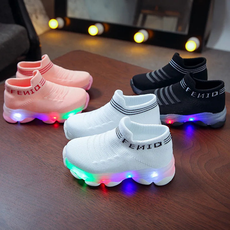 Kid Sneakers Child Baby Girl Boy Letter Mesh Led Luminous Socks Sport Run Sneakers . Light Up Shoe