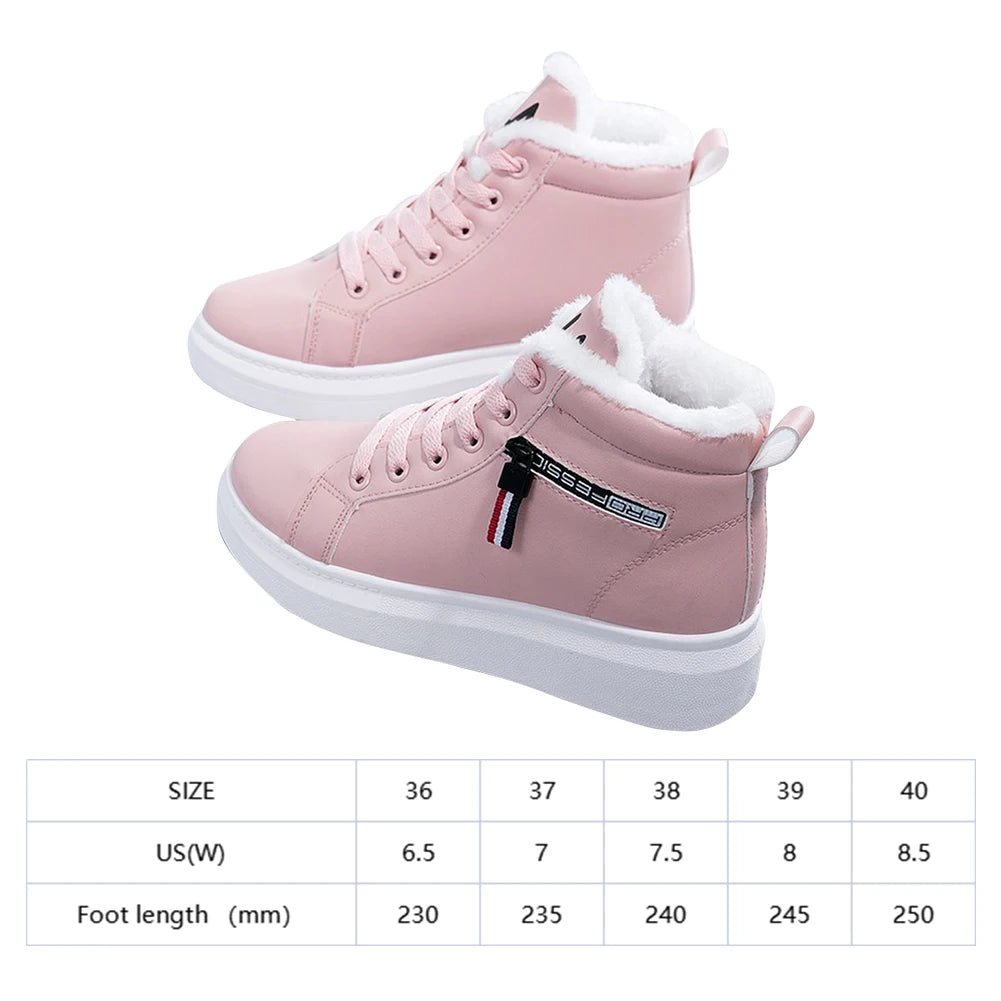 Women Lightweight Sneakers  PU Leather Short Snow  Casual Plush Ankle Boots Waterproof