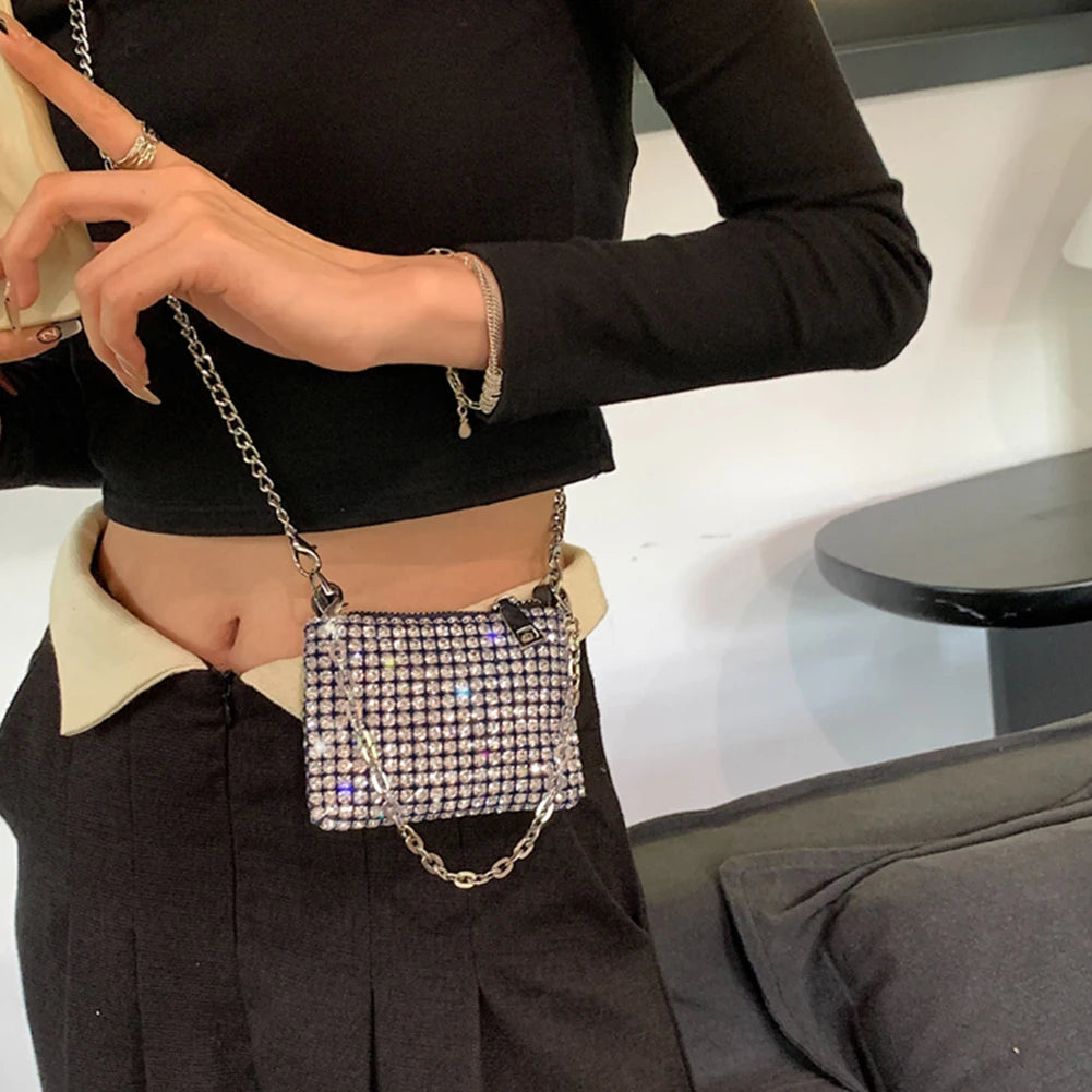 Mini Messenger Bag for Women Fashion Rhinestone Crossbody Bag Casual Solid Color Coin Purse Zipper Metal Chain Top-handle Bags